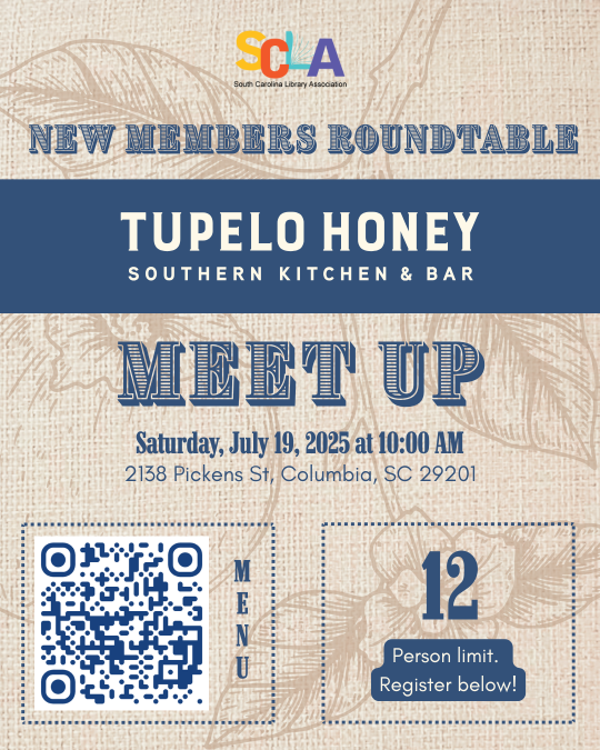 An image for the New Members Round Table in-person meet up at Tupelo honey. The image includes a QR code to the menu and a reminder to register below.