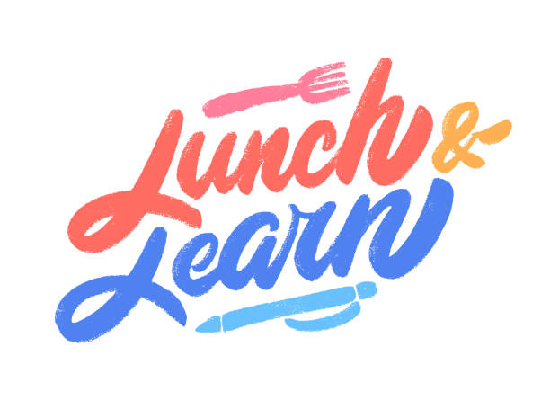 Logo of text "Lunch & Learn" with forks and pens.