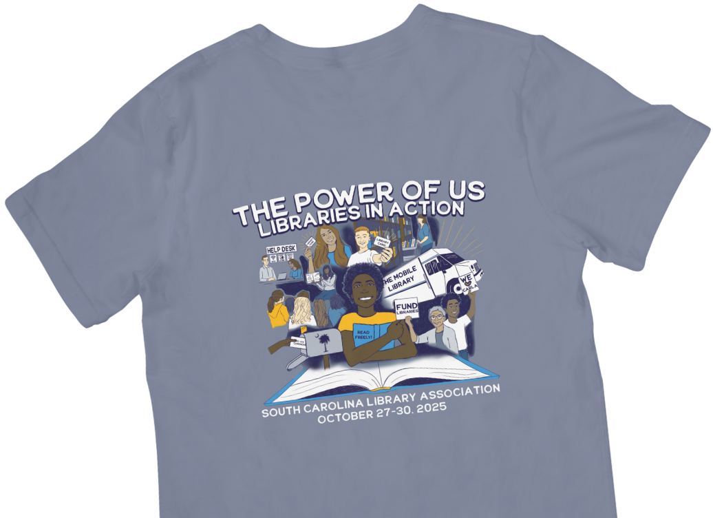 grey t-shirt with 2025 Conference logo depicting timely moments of library activism and services