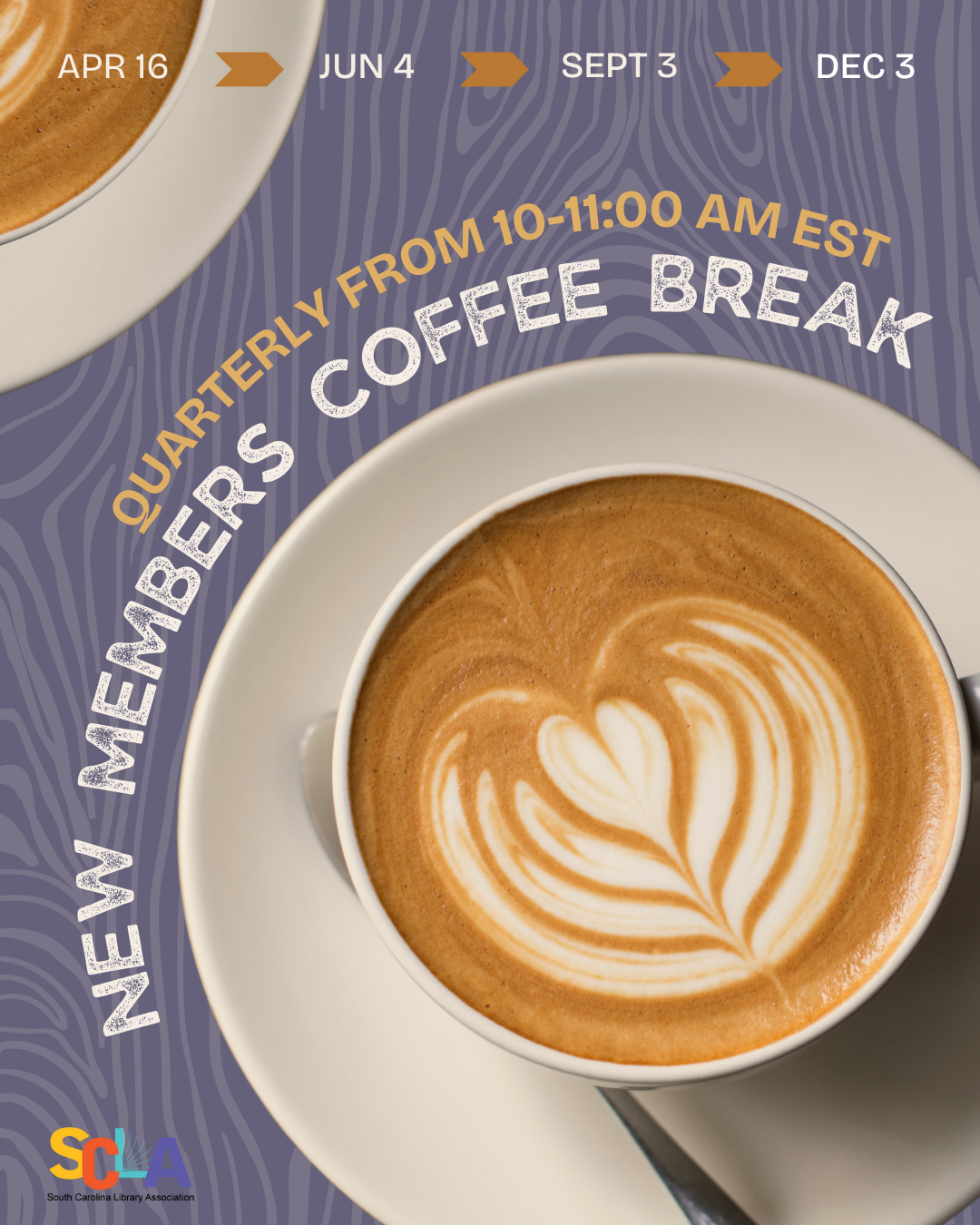 An image with a purple backround and the text Quarterly from 10:00-11:00 New Members Coffee Break. The Next coffee break is September 3rd.